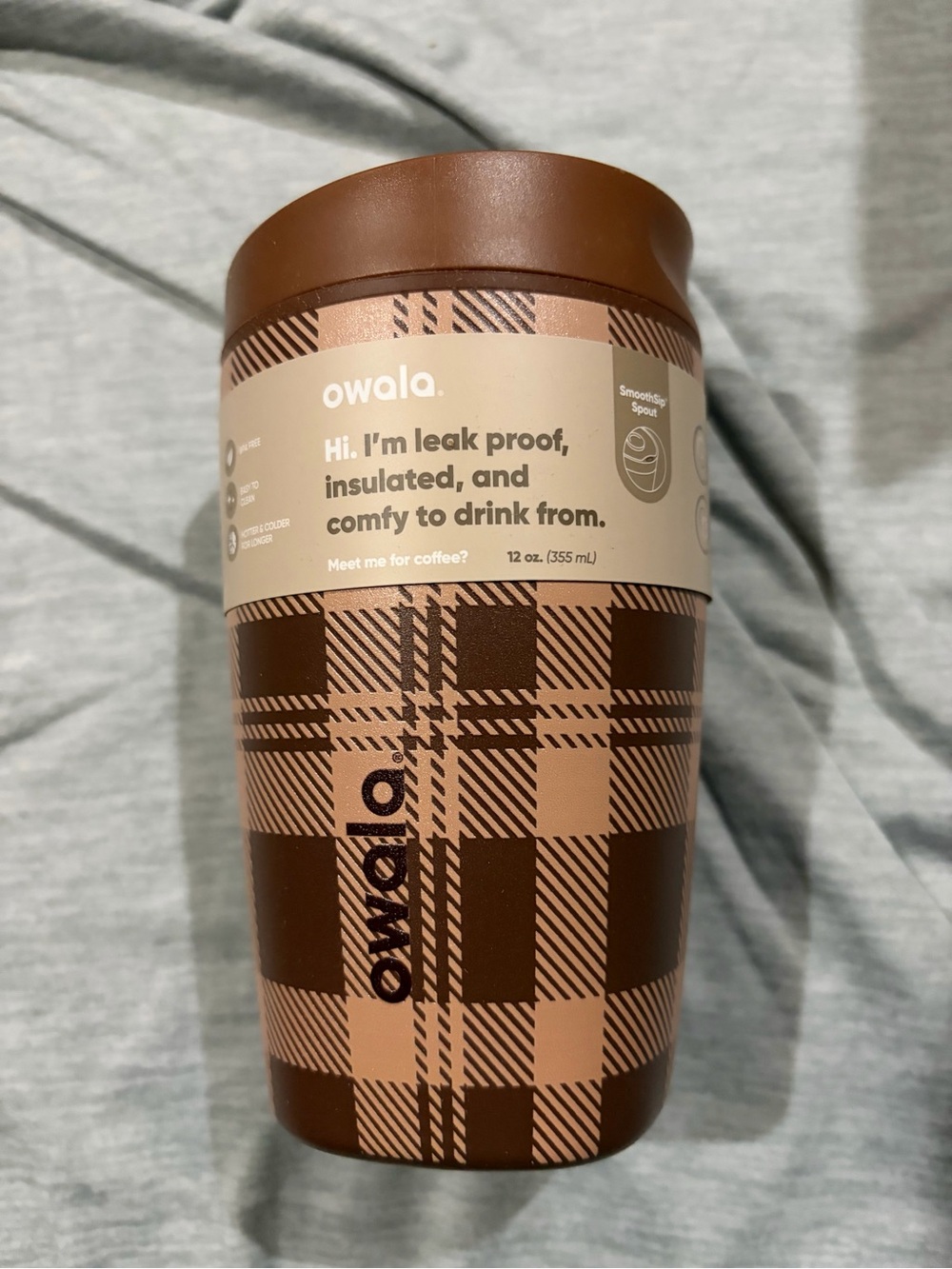 Owala 12oz SmoothSip Slider Insulated Travel Mug — Brown Plaid NWT